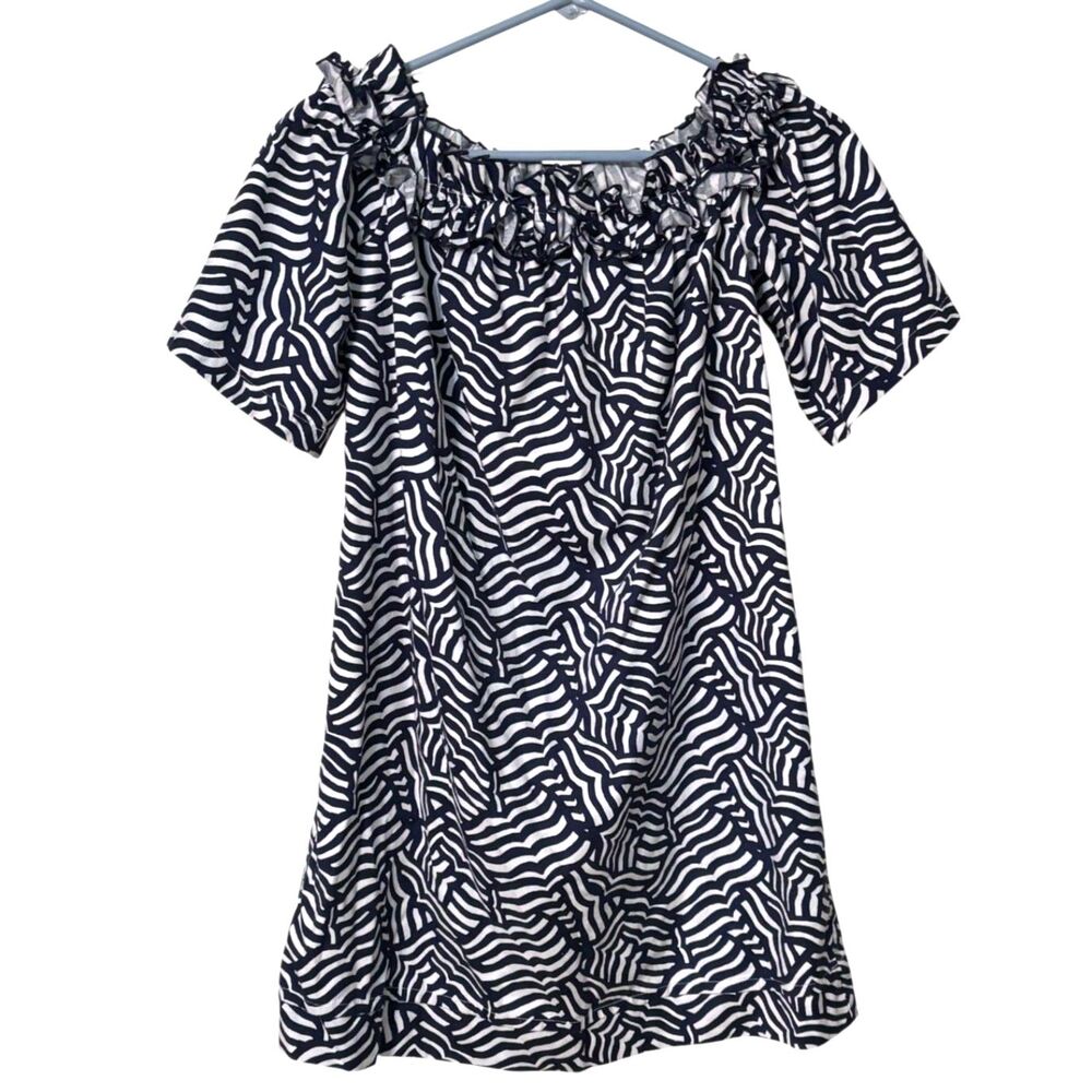 Vineyard Vines Off Shoulder Zebra Print Dress Small Navy White Ruffle Cotton